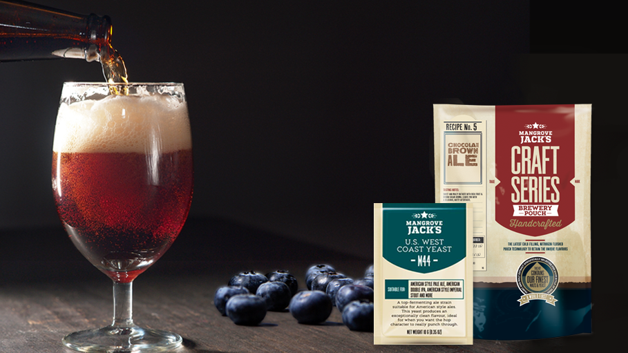 Mangrove Jack's Chocolate Brown Ale and M44 Yeast with blueberries and beer